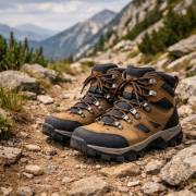 Botas de senderismo sobre un camino de montaña